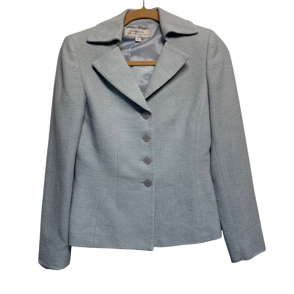 Tahari Arthur S Levine Blazer 4 Light Blue Textured 4-Button Tweed Jacket Office